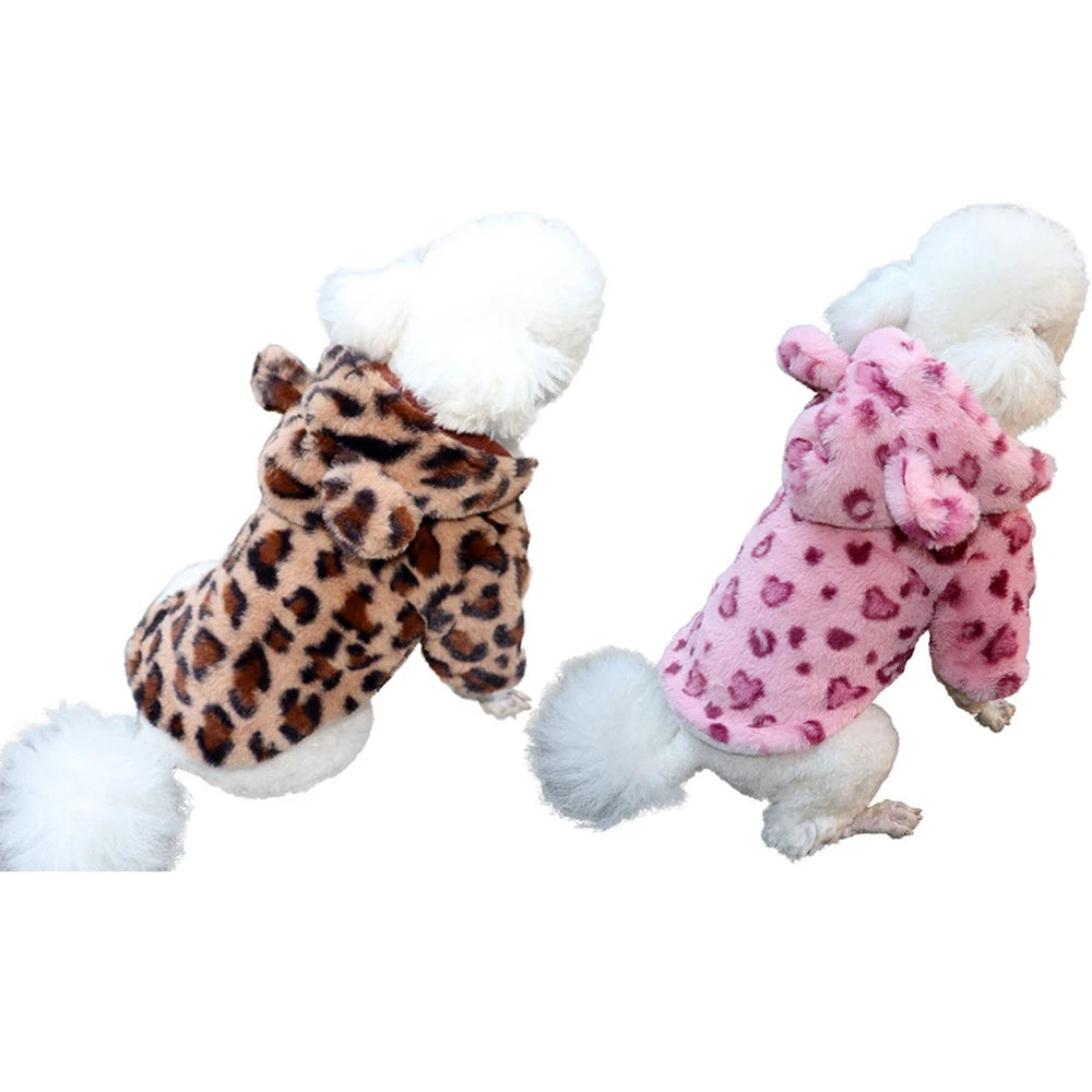 Winter Fleece Dog Hoodie Leopard Print Coat For Small Dogs