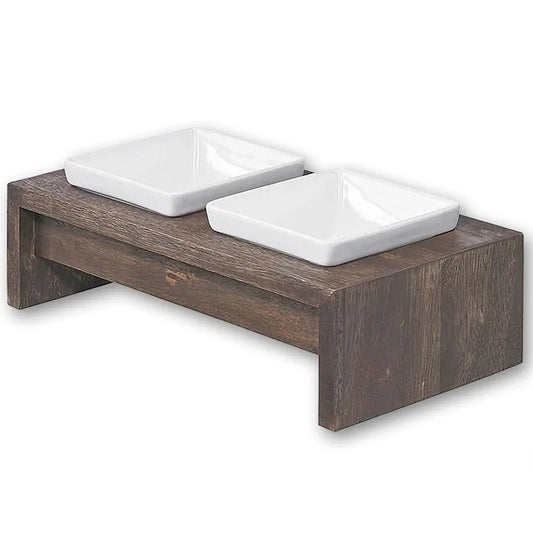 Double Dog Feeder With Rubberwood Frame And Square Ceramic Bowls