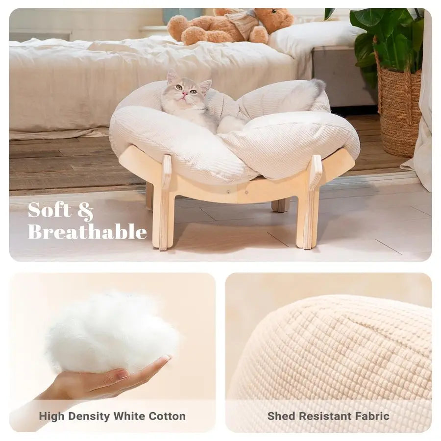Elevated Cat Bed With Cushion Wooden Frame