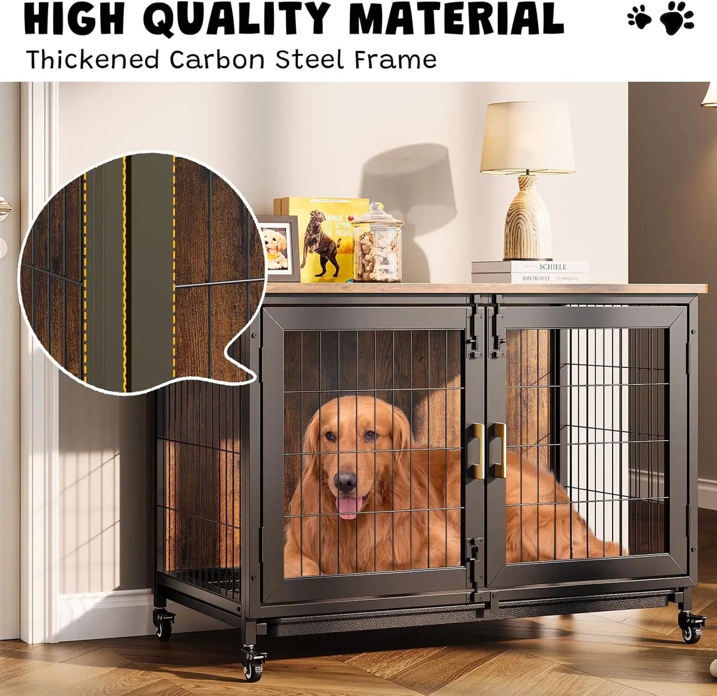 HiMISS Heavy Duty Wooden Dog Crate Furniture Indoor Kennel with Wheels