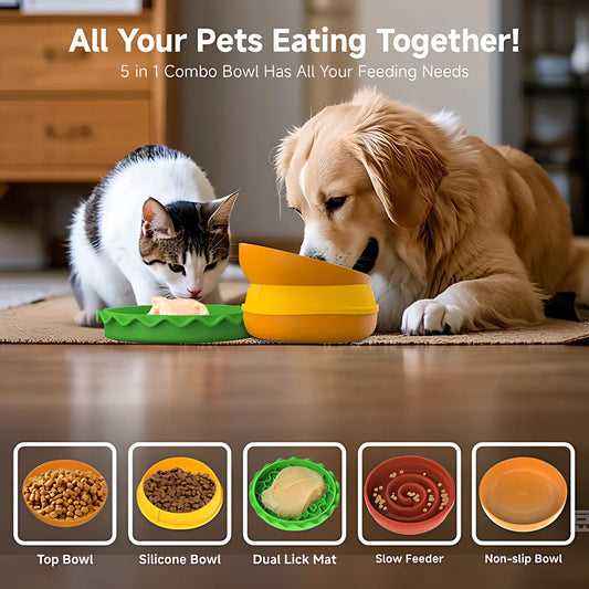 5 In 1 Burger Pet Bowls Set Tilted Elevated Slow Feeder Lick Mat Non Slip