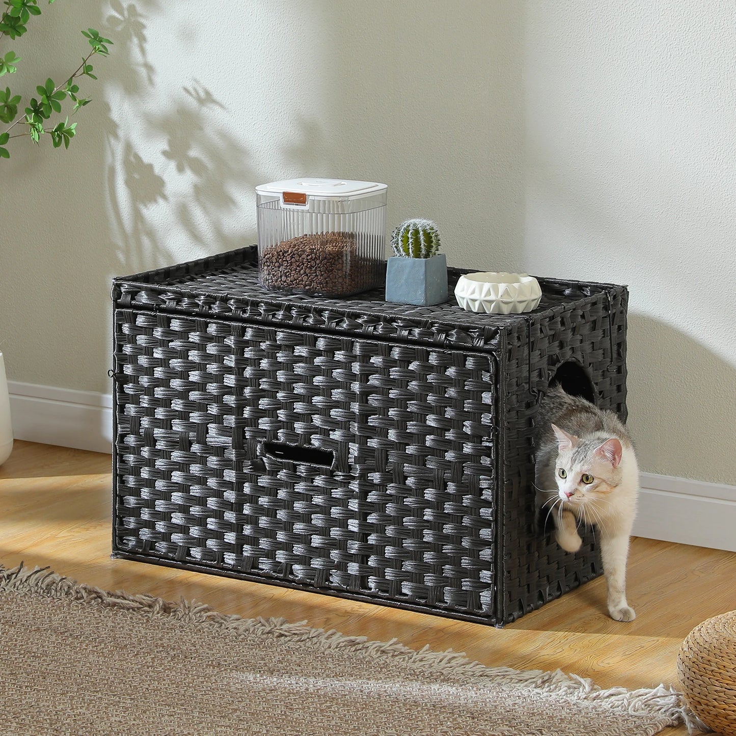 PEQULTICN Rattan Cat Litter Box Enclosure Taller Doorway FlipUp