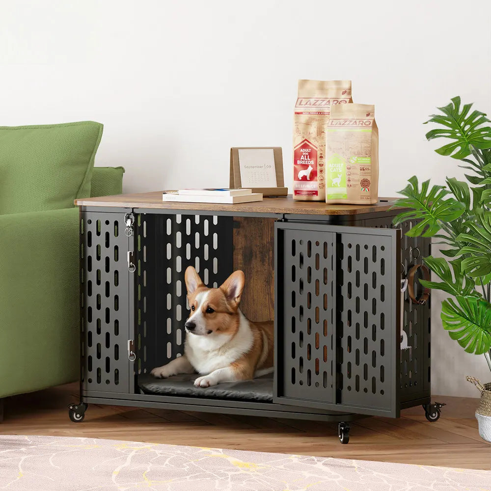 ONBRILL Dog Crate Pet Furniture Kennel With Cushion And Wheels