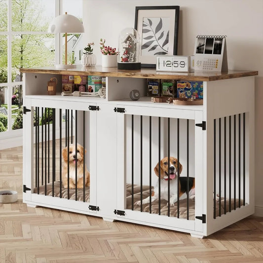 MKDK Wooden Dog Crate Furniture With Storage Compartments For Two Dogs