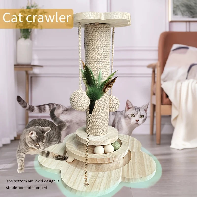 Indoor Sisal Cat Scratching Post With Ball Track Toy And Teasing Wand