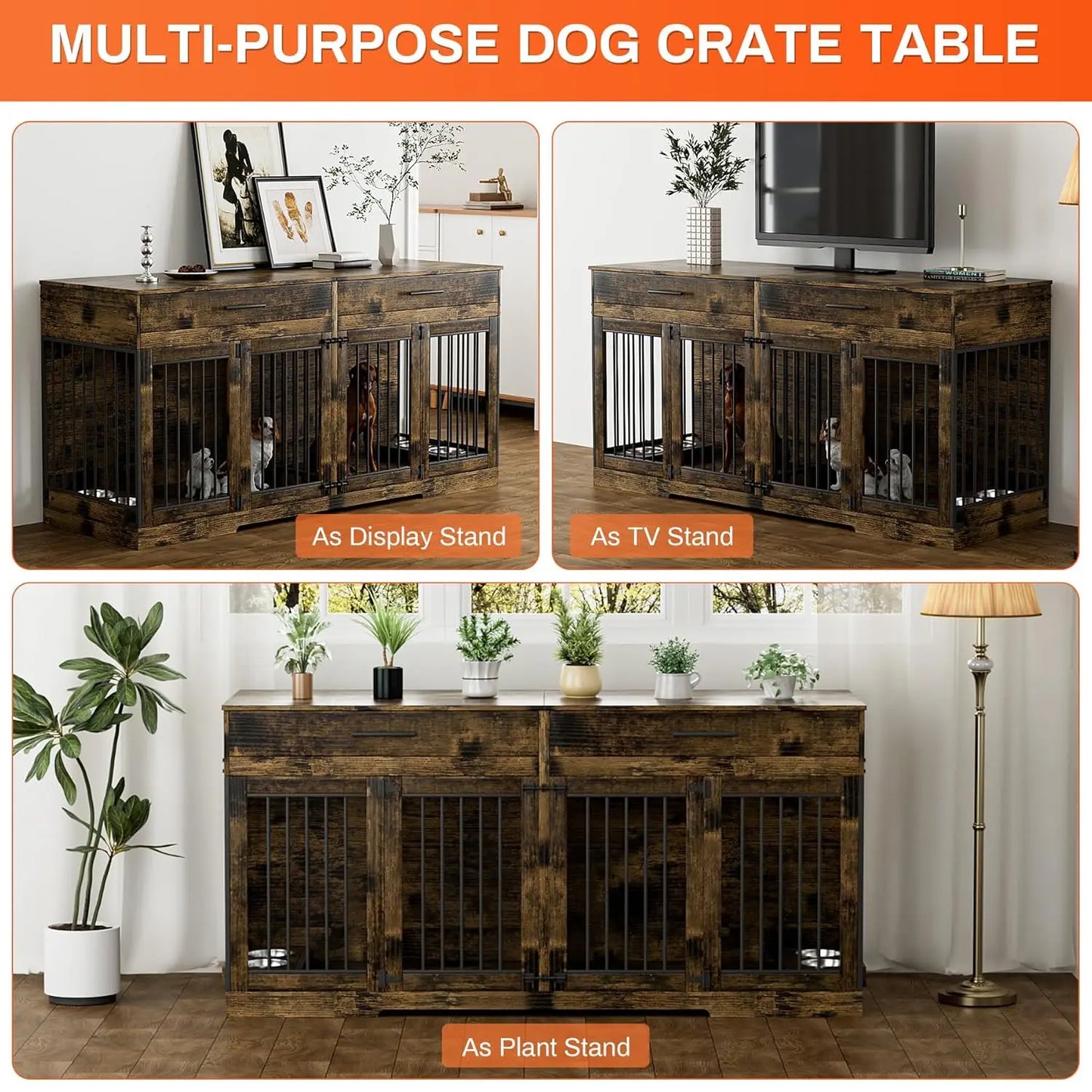 Double Dog Crate Furniture With Drawers And Bowls Indoor TV Stand