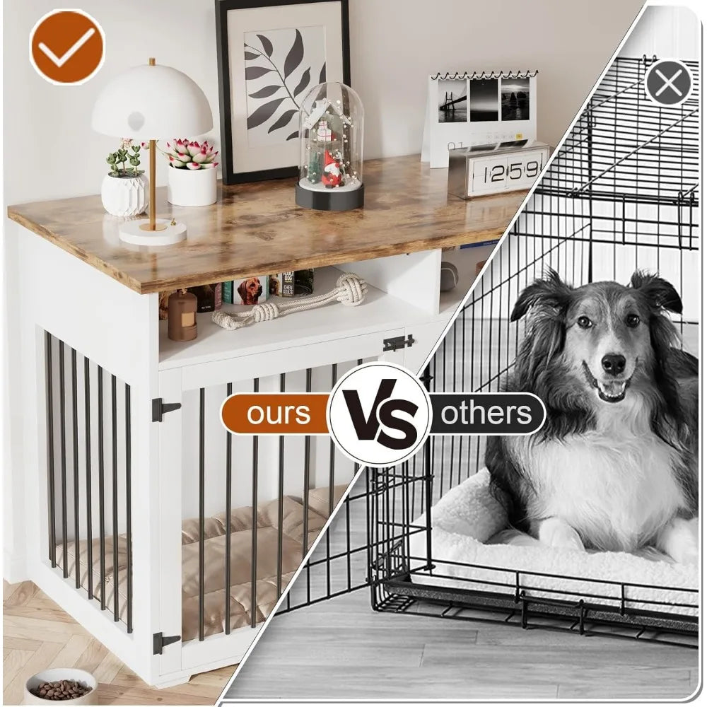 MKDK Wooden Dog Crate Furniture With Storage Compartments For Two Dogs