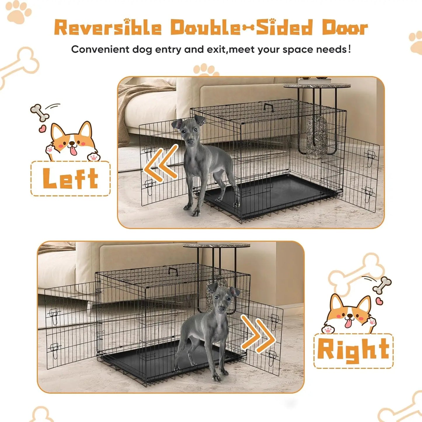 Double Door Dog Cage With Leak-Proof Tray For Indoor Outdoor