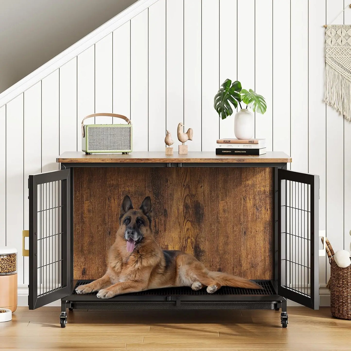 HiMISS Heavy Duty Wooden Dog Crate Furniture Indoor Kennel with Wheels