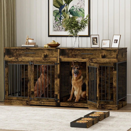 Double Dog Crate Furniture With Drawers And Bowls Indoor TV Stand
