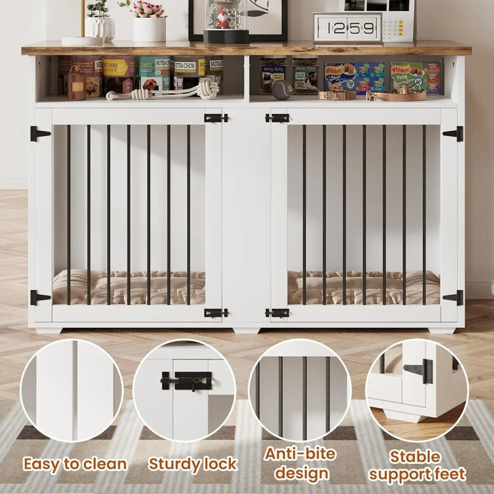 MKDK Wooden Dog Crate Furniture With Storage Compartments For Two Dogs
