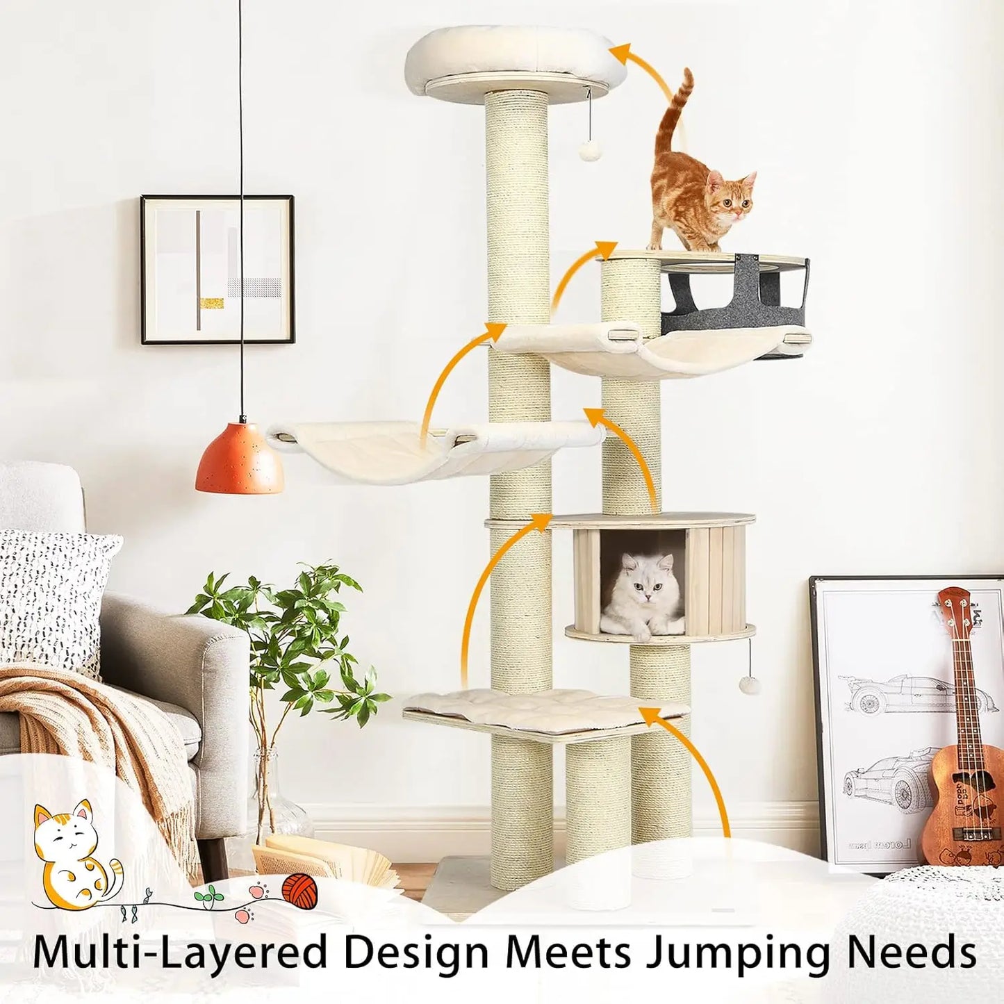 Large Cat Tree With Multi-Level Design Sisal Posts Hammocks Condo