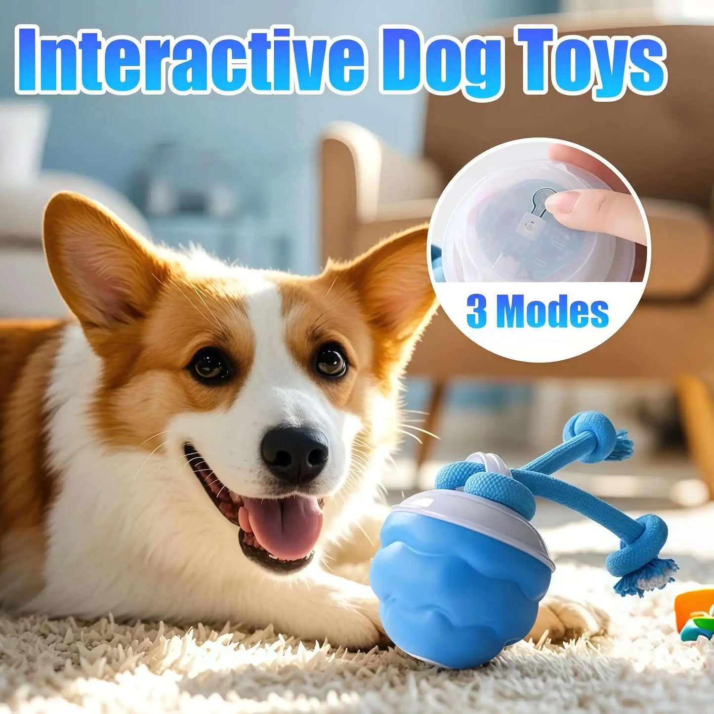 Interactive Rolling Ball Dog Toy With Rope Motion Activated Squeaker