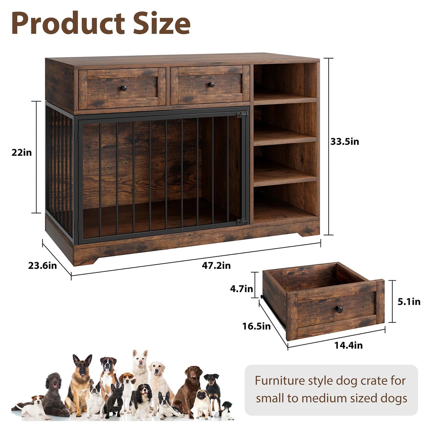 HiMISS Dog Crate Furniture TV Stand With 2 Drawers And 4 Shelves