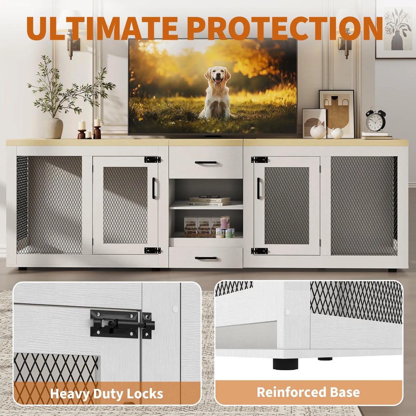 HiMISS 91 Inch Double Dog Crate TV Stand With Storage