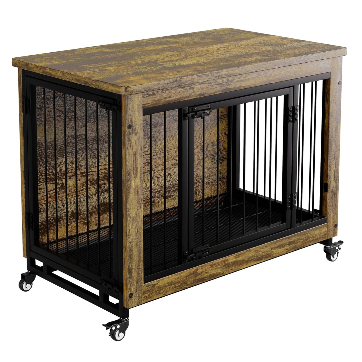HiMISS Wooden Dog Crate Furniture With 3 Doors And Wheels