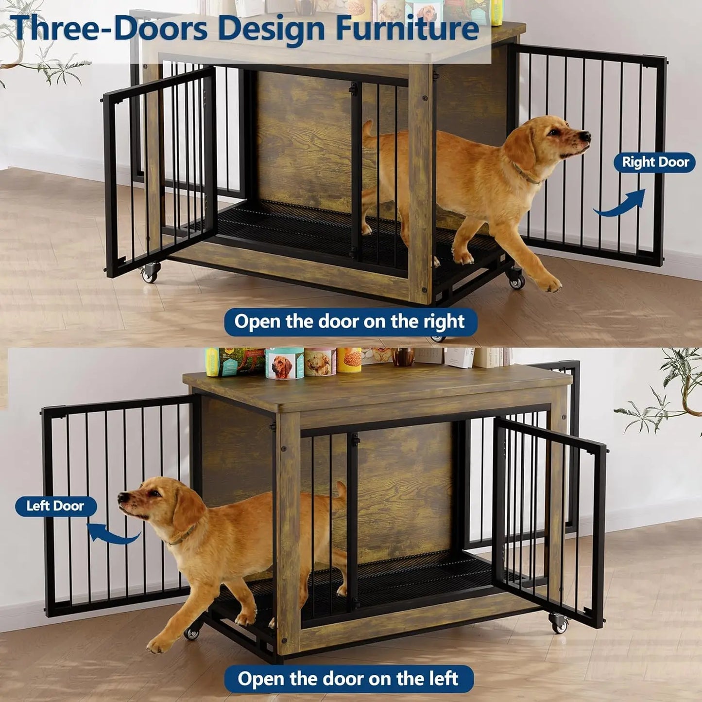 HiMISS Wooden Dog Crate Furniture With 3 Doors And Wheels