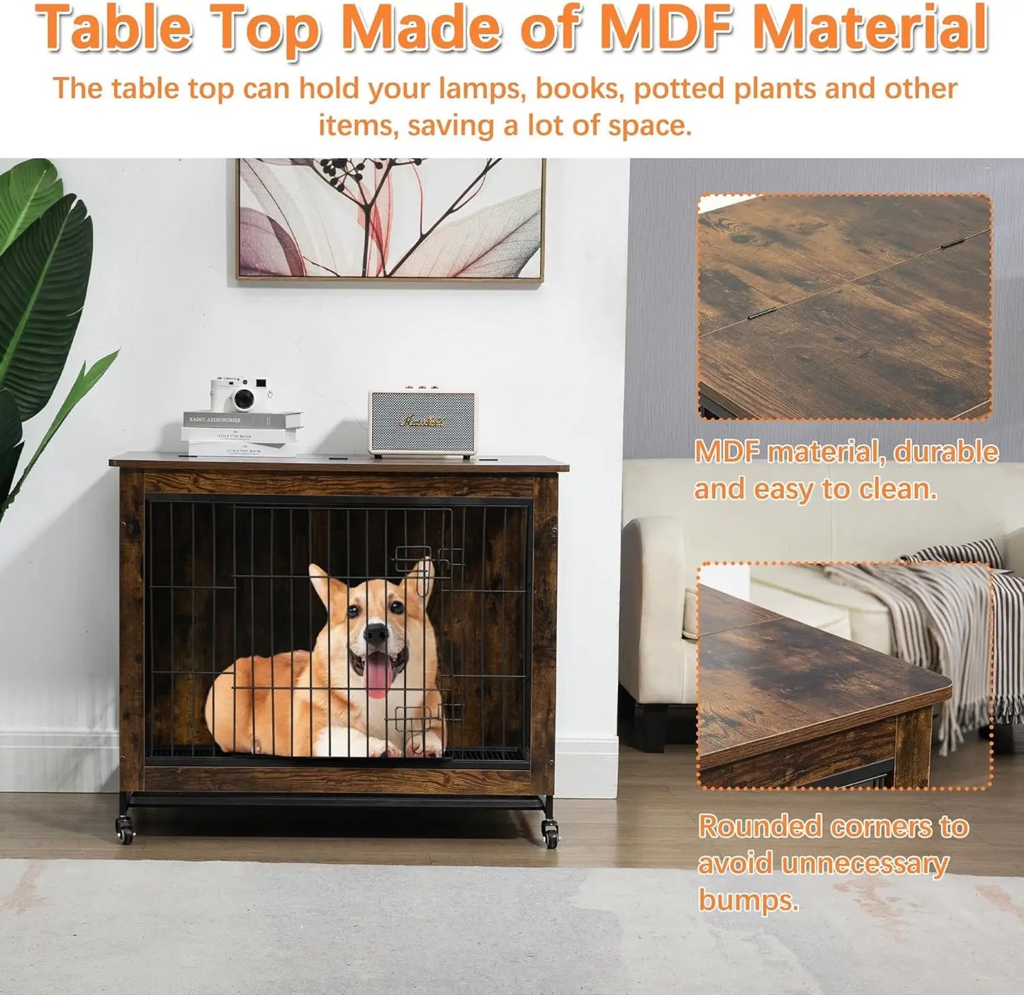 HiMISS Rustic Wood And Metal Dog Crate Furniture For Home
