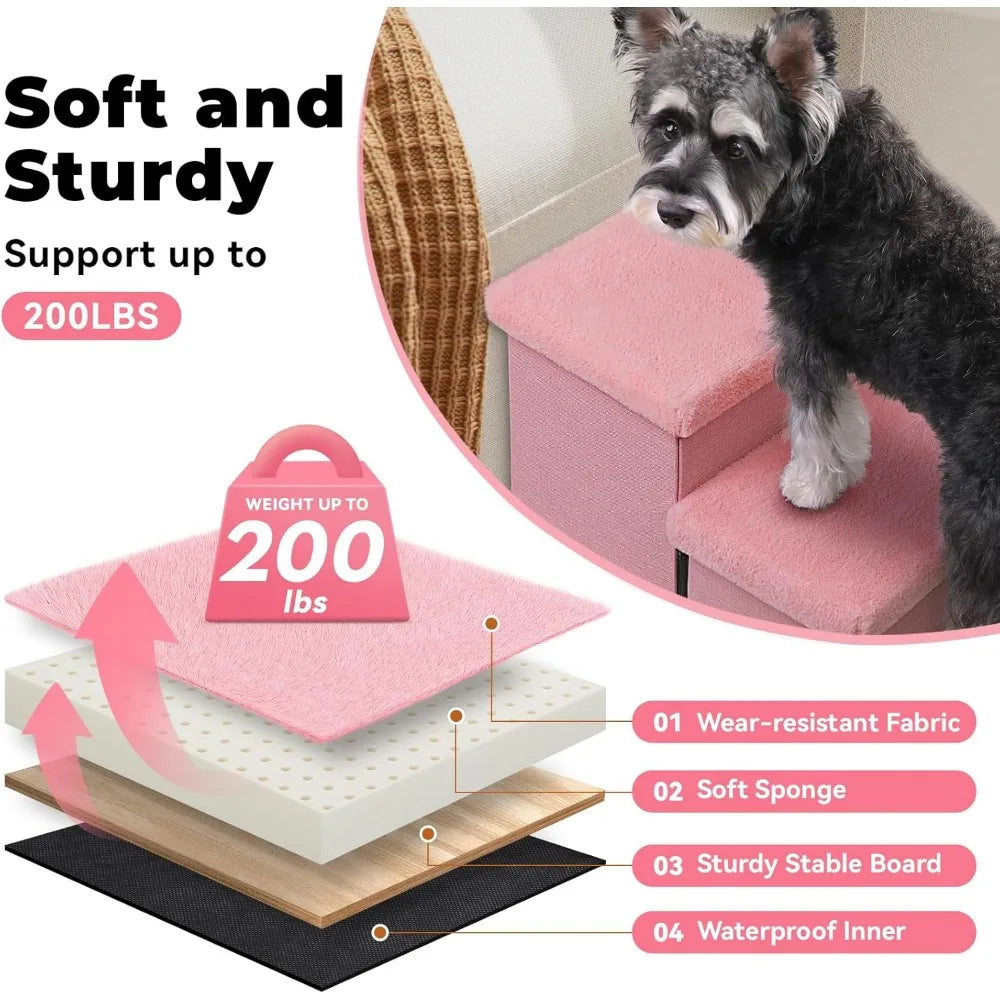 Dog Stairs With Storage And Furry Lid 3 Step Foldable