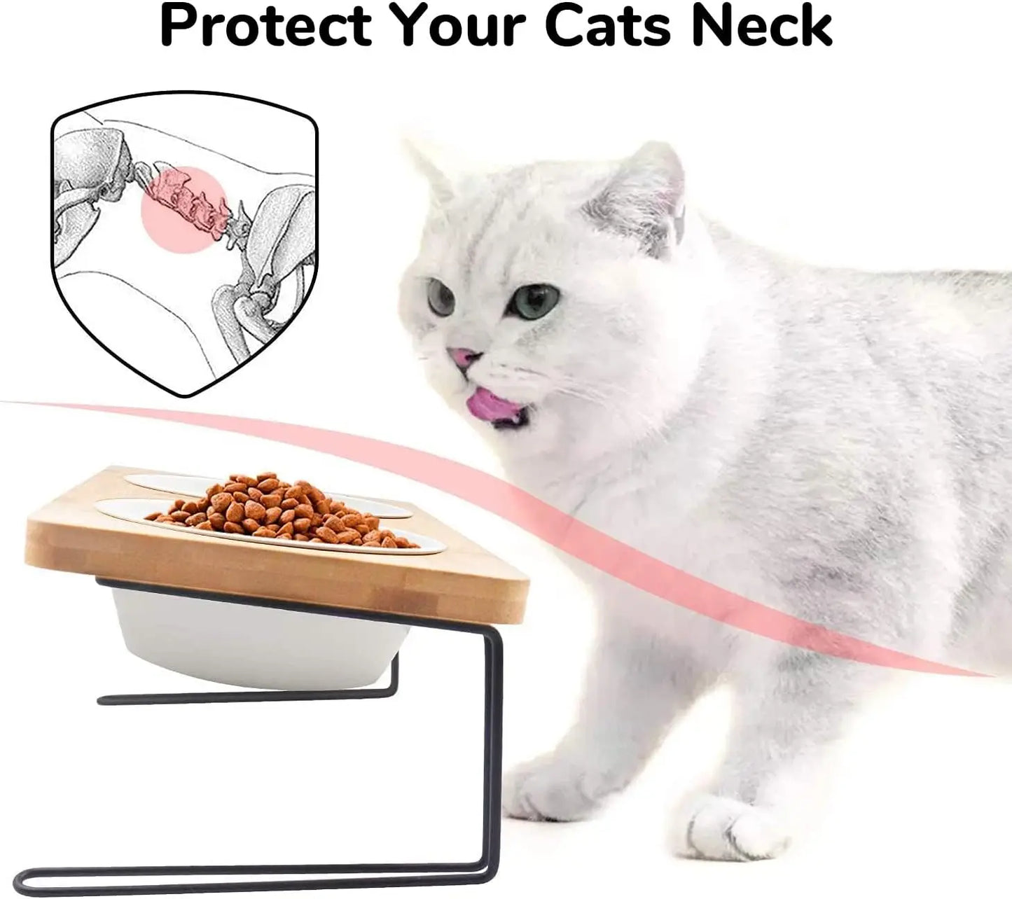 Tilted Raised Cat Ceramic Bowls With Premium Bamboo Stand