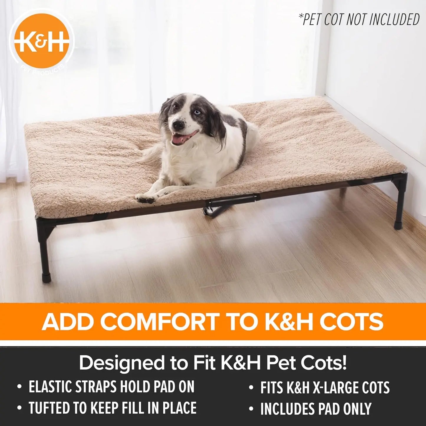 Dog Cot Pad Pillow-Top Fleece Bed With Secure Straps