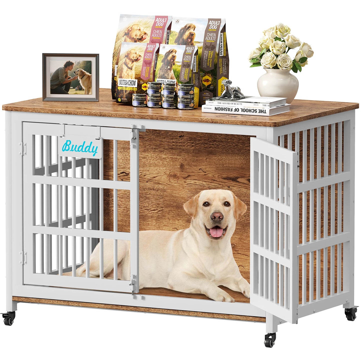 Heavy Duty Dog Crate Furniture With Casters Bedside Stand