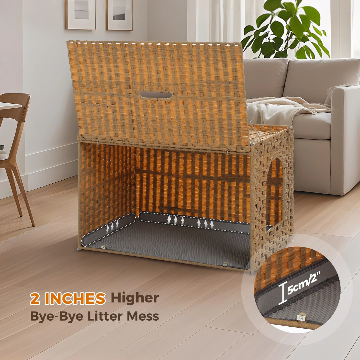 PEQULTICN Rattan Cat Litter Box Enclosure Taller Doorway FlipUp