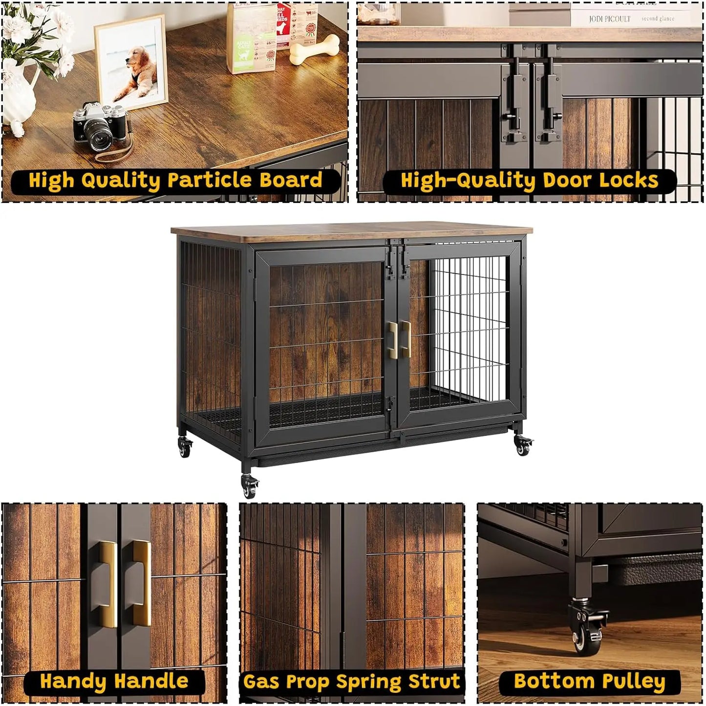 HiMISS Heavy Duty Wooden Dog Crate Furniture Indoor Kennel with Wheels
