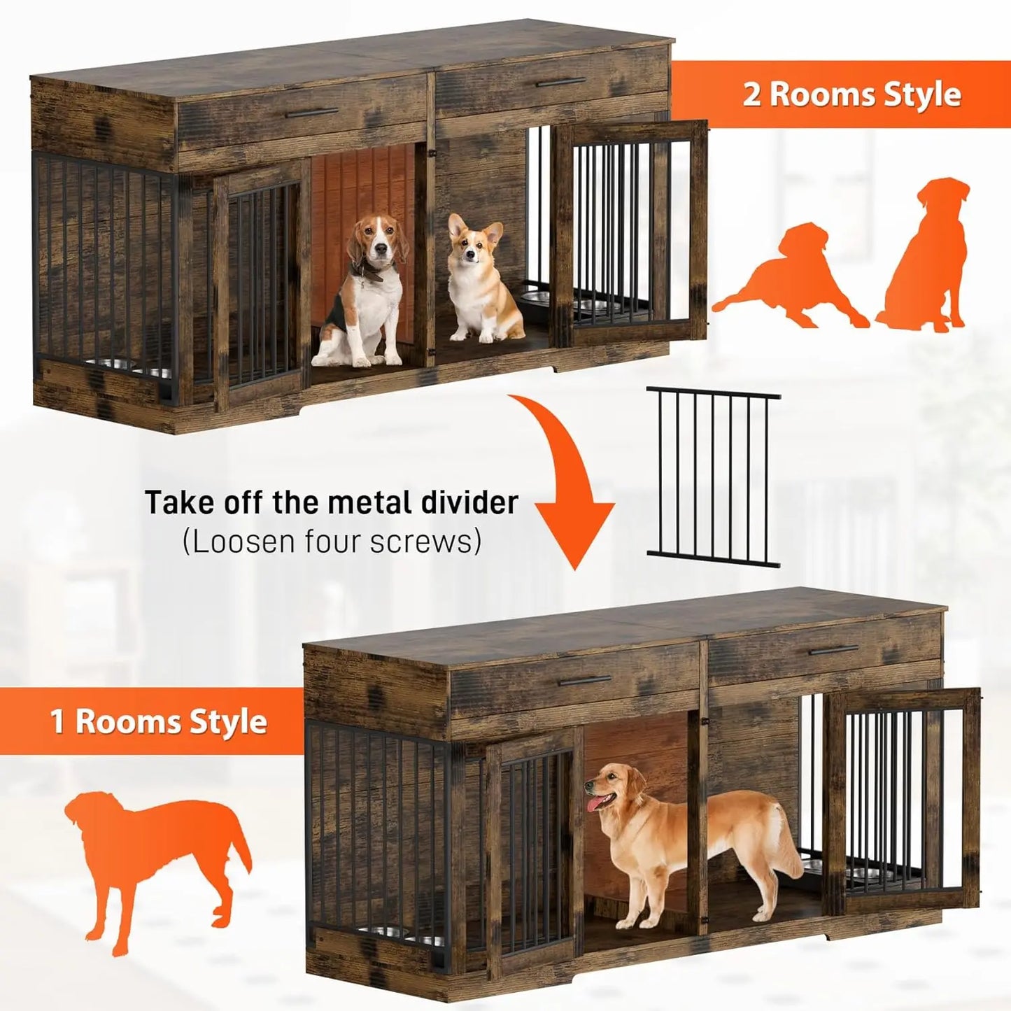 Double Dog Crate Furniture With Drawers And Bowls Indoor TV Stand
