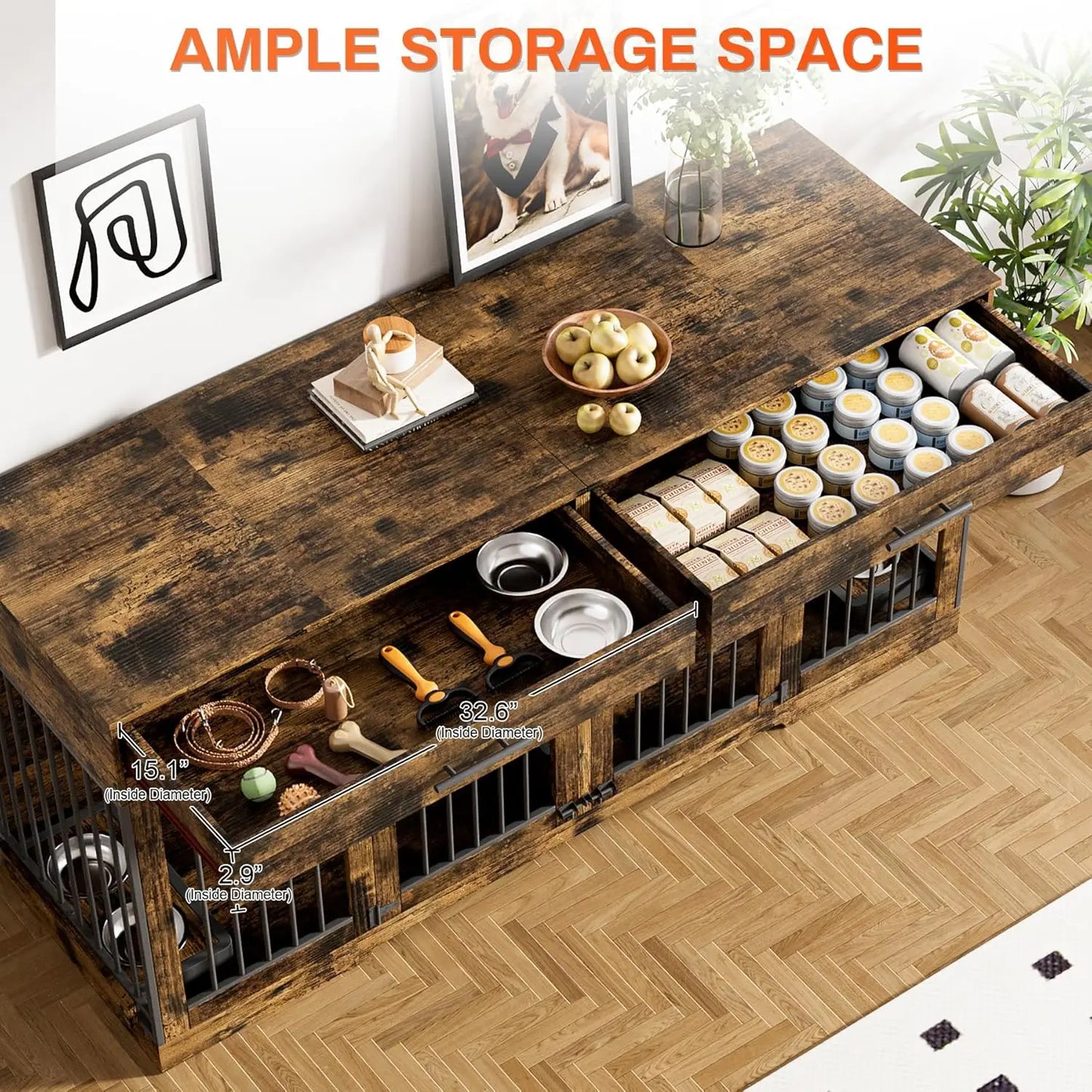 Double Dog Crate Furniture With Drawers And Bowls Indoor TV Stand