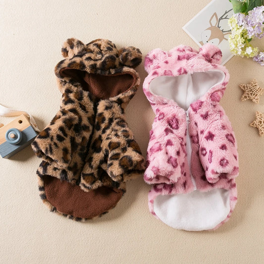 Winter Fleece Dog Hoodie Leopard Print Coat For Small Dogs